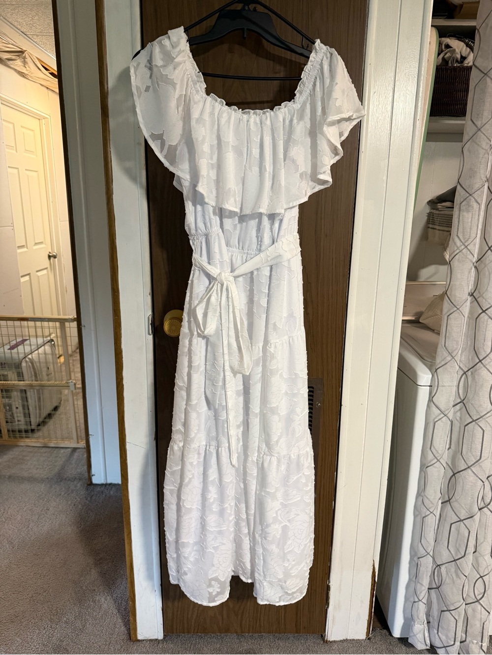 White Off-Shoulder Floral Maxi Dress with Tie Waist